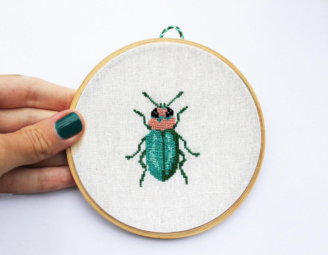 Bug. Beetle. Hands embroidered wall decor. Cross stitch in wooden hoop. Woodland