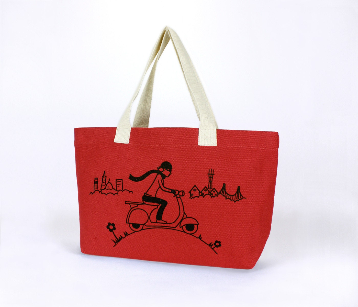 Red Cotton Canvas Tote - "Vespa Lady " Design In Black