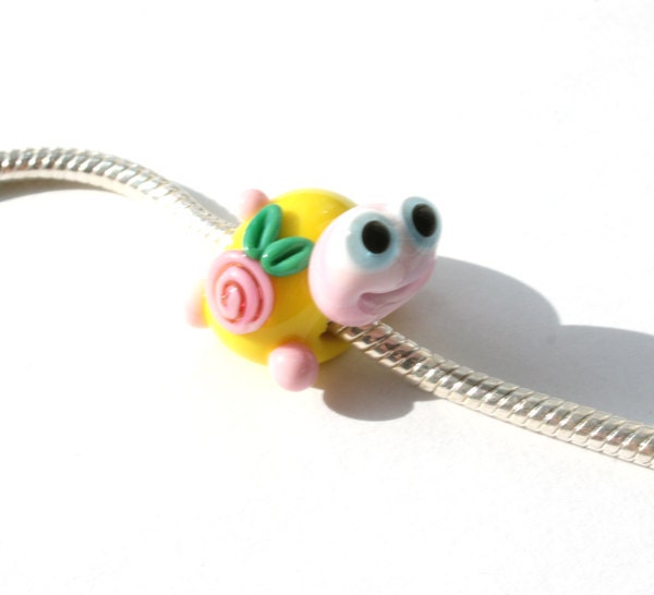Lampwork big hole beads fits bracelet-handmade glass large hole beads-turtle with  flower bead