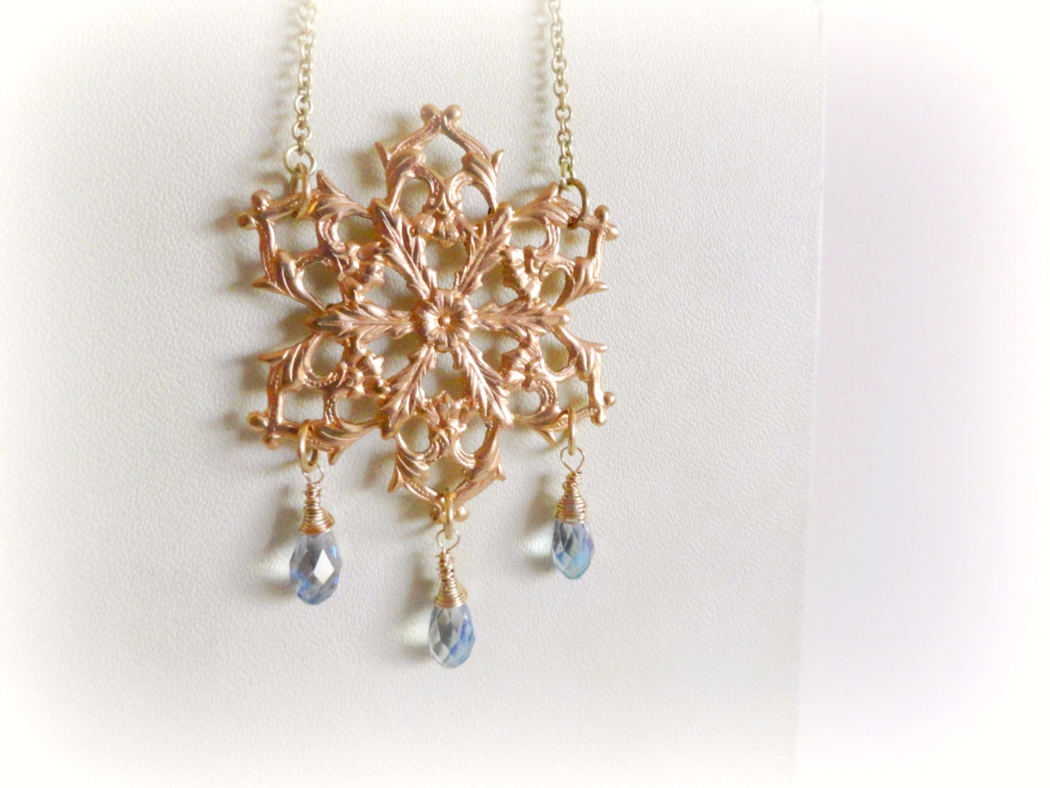 North Star -statement necklace - Golden raw brass Floral engraved Snowflake Teal blue glass Gift for her Galaxy jewelry