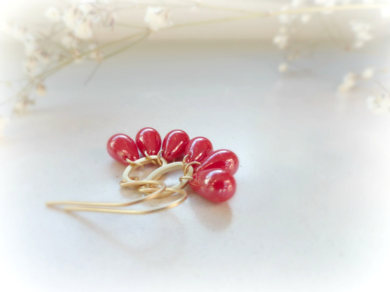 Carnation - Romantic drop  Earrings Hot red garnet crimsom Czech glass 16k goldplated Gift for her everyday simple jewelry