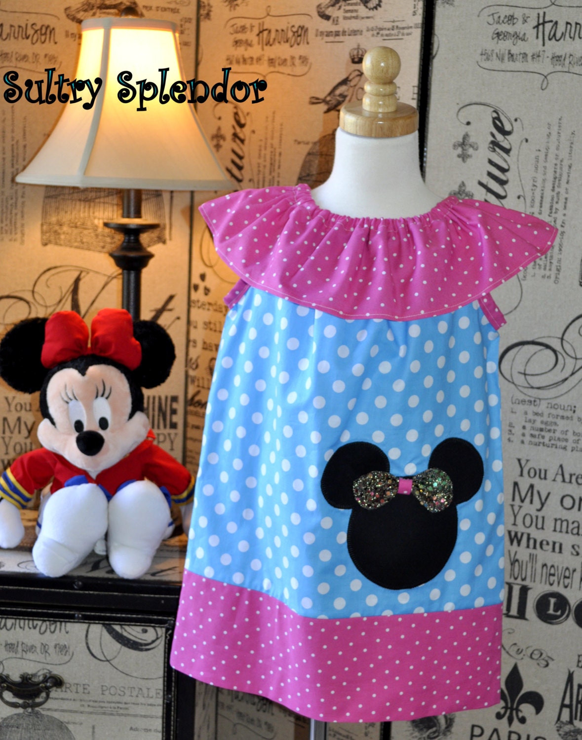Pink and Blue Polka Dots Minnie Mouse Ruffled Neck Dress with Applique