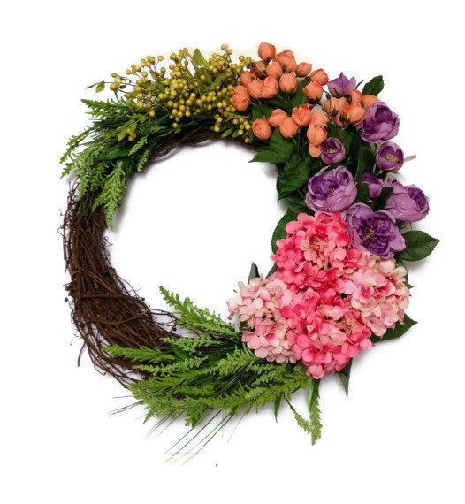 Spring Hydrangea Rose Berry Twig Twine Grapevine Wreath Home Decor Floral Arrangement