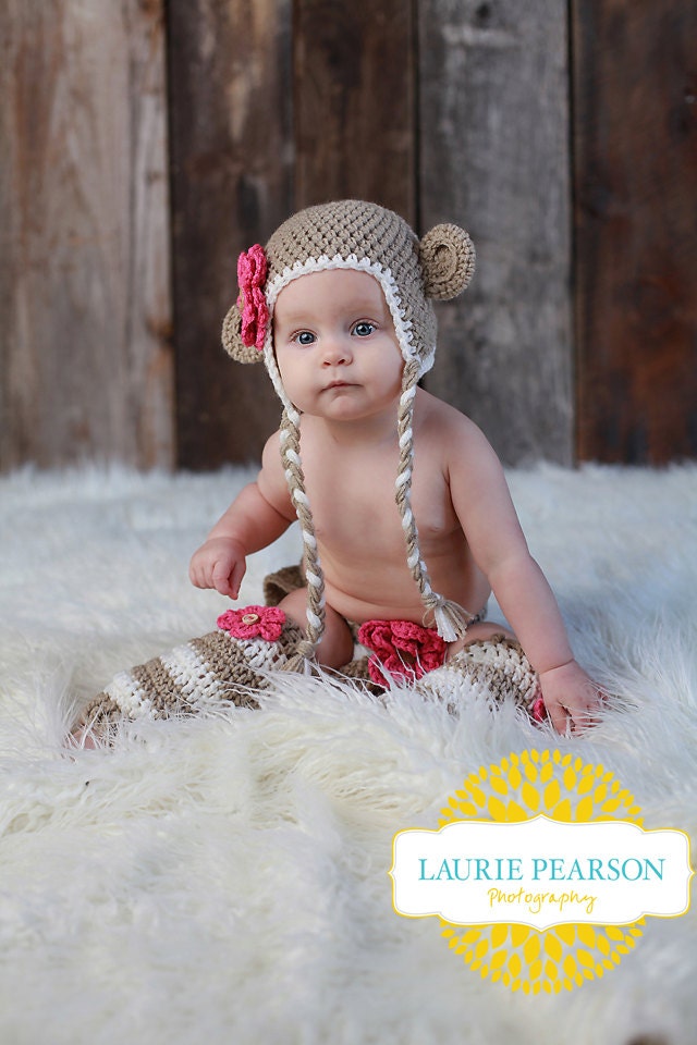 Tan Monkey Crocheted Hat, Diaper Cover and Leg Warmers - Photo Prop Set - Available in Newborn to 12 Months
