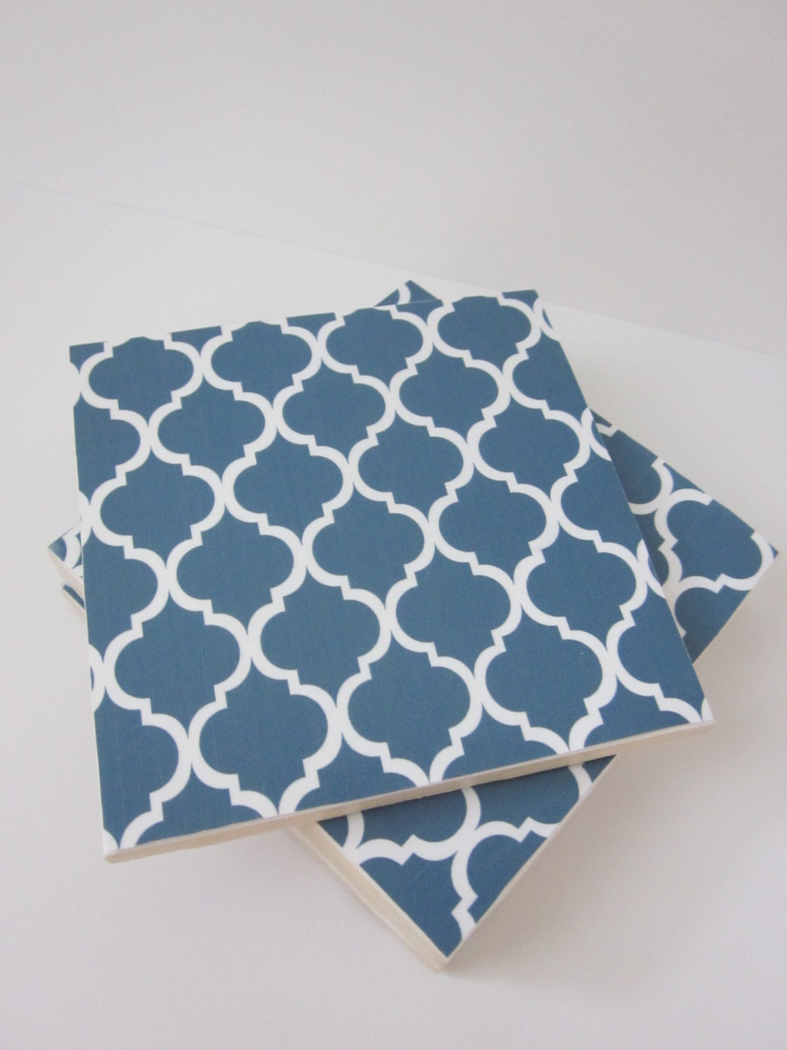 Navy Blue and White Quatrefoil Lattice Tile Coasters-Morracan Trellis Coasters