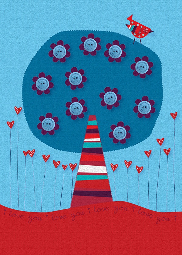 Little Birdy on a Tree. Original digital illustration - Digital Art print - 5x7 Wall decor - Mixed media by Les Petits Buttons