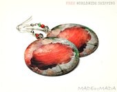 Flower Earrings Ranunculus dangle  Round decoupage earrings Floral motif ,  gift for her under 25 (B2)