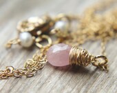 Pink Sapphire Necklace - Small 14k Gold Wire Wrapped Light Raspberry Gemstone Handmade Jewelry Gifts for Her.