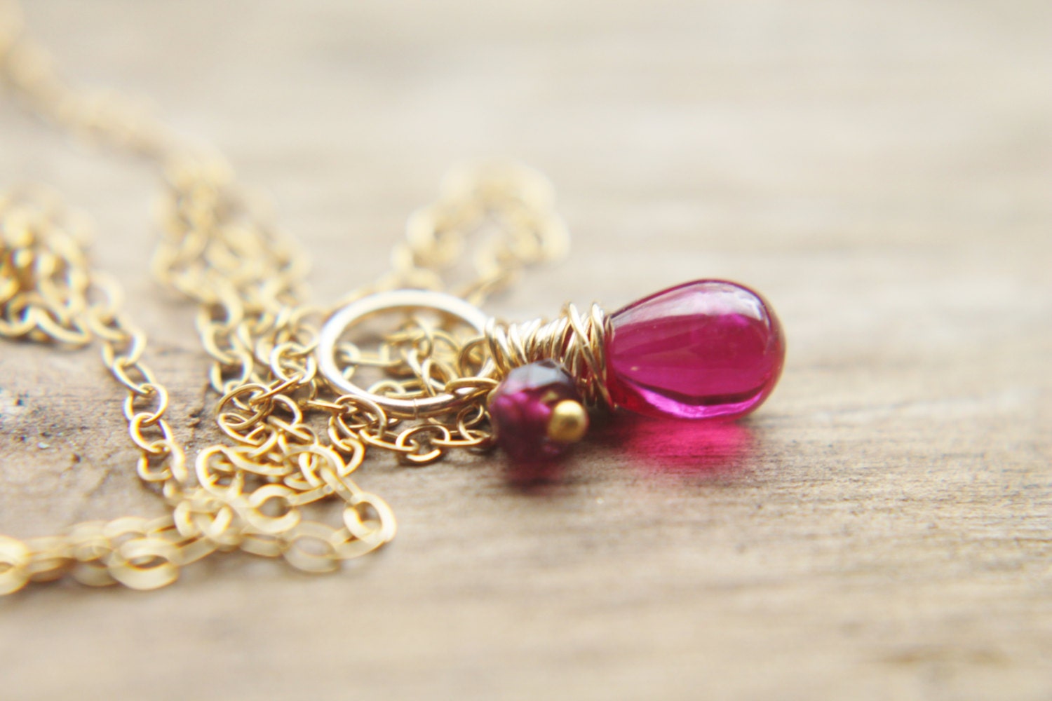 Petite Ruby Necklace - 14k Gold Wire Wrapped Pink Fuschia Gemstone Pendant Handmade Jewelry Gifts For Her.