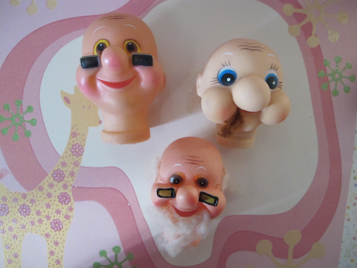 All 3..Cheerful Little Old Men Doll Heads..Hard Rubber...Old Store Stock