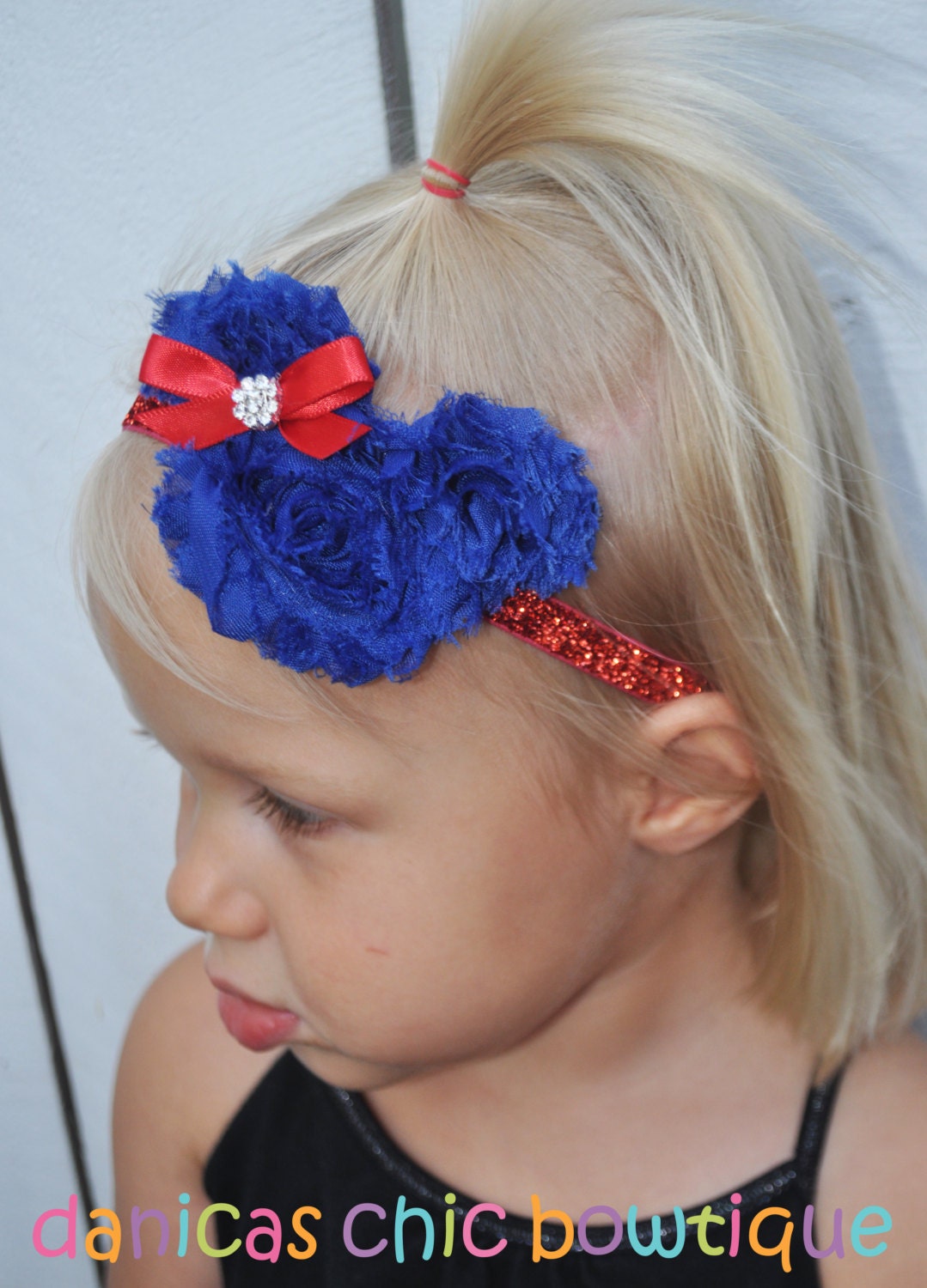 Fourth of July Minnie Mouse shabby headband. Red/Royal Blue with a red bow embellishment. Infant, toddler, child, adult sizes