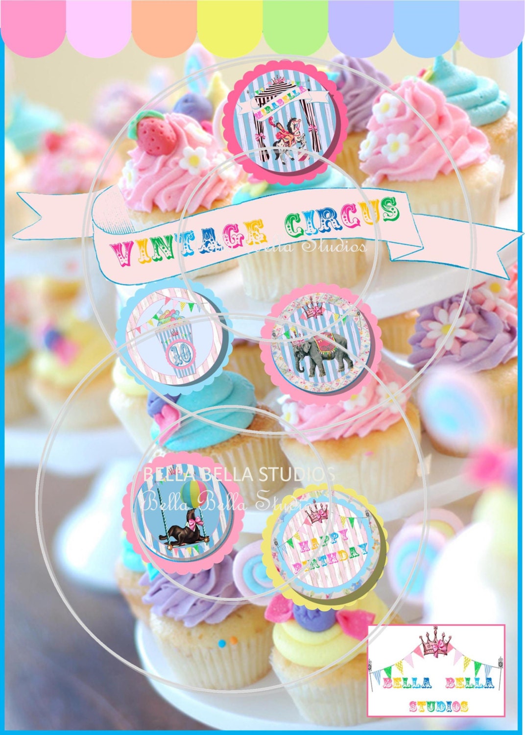 Vintage CIRCUS Birthday Party Girl and Horse Custom Printable CUPCAKE TOPPERS - Party Circles by Bella Bella Studios Il_570xn