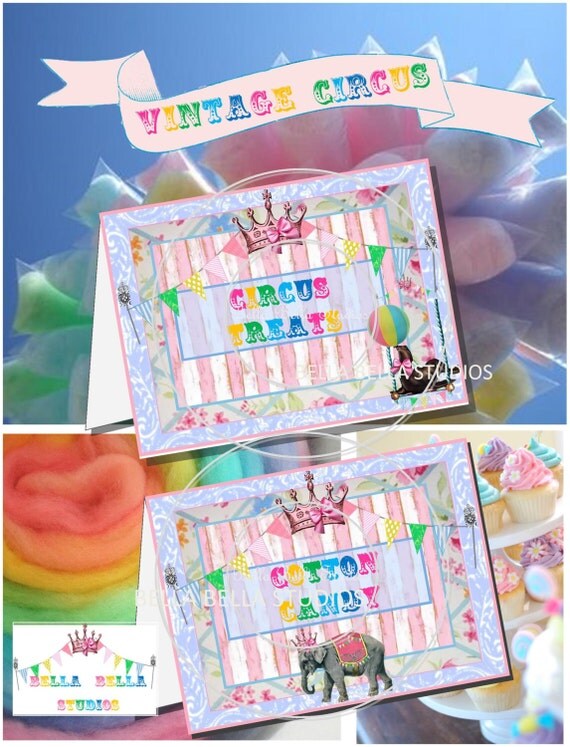 Vintage CIRCUS Birthday Party Girl and Horse Custom Printable Birthday BUFFET TAGS - Dessert Labels by Bella Bella Studios Il_570xn