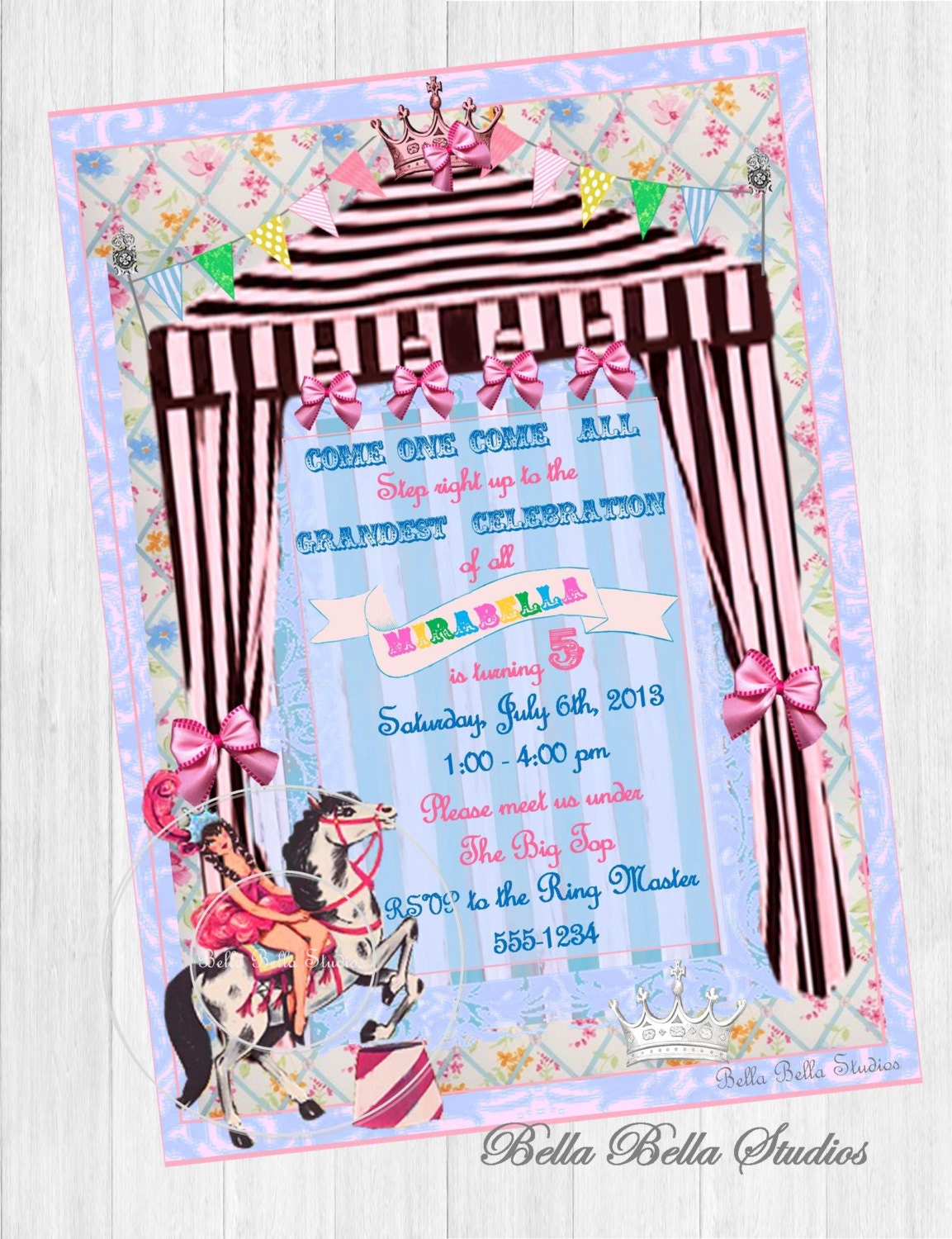 Vintage CIRCUS Birthday Party Girl and Horse CUSTOM Printable Birthday INVITATION by Bella Bella Studios Il_570xn
