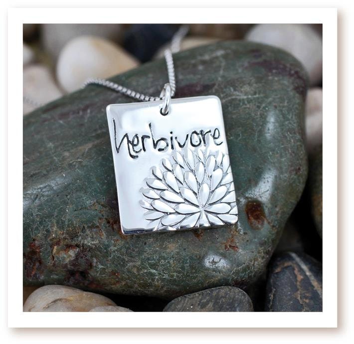 HERBIVORE Rectangular Word Pendant with Flower Design in Sterling Silver on 18in Chain, Helps Support Animal Charities, 7382