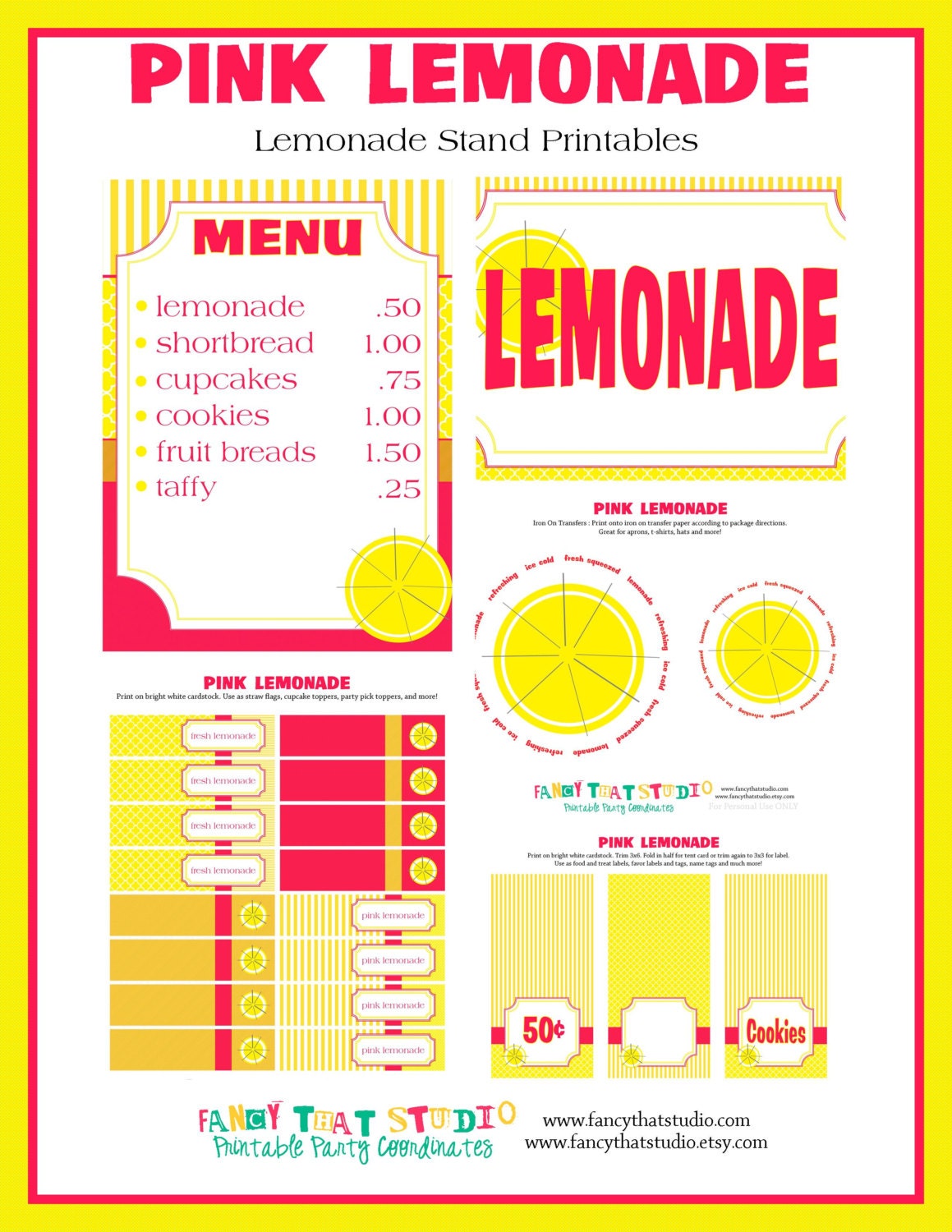 Lemonade Stand Printables Pink Lemonade Customized Party Printables FULL Collection Immediate Download