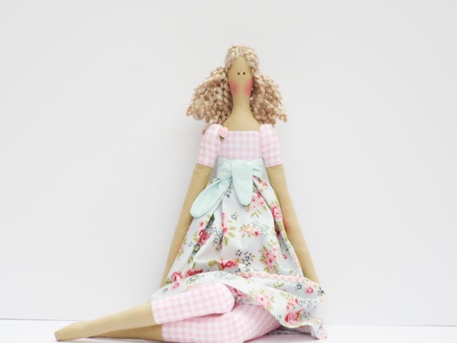 Fabric doll blonde cloth doll pale blue pink rose art doll cute stuffed doll rag doll - birthday gift for girls Mother day gift