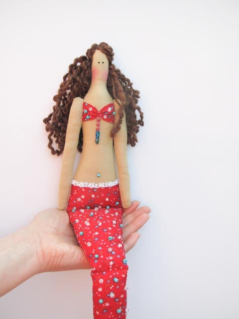 Mermaid doll handmade fabric doll red softie plush cloth doll art doll lovely rag doll brown hair Mermaid- gift for girl and mom
