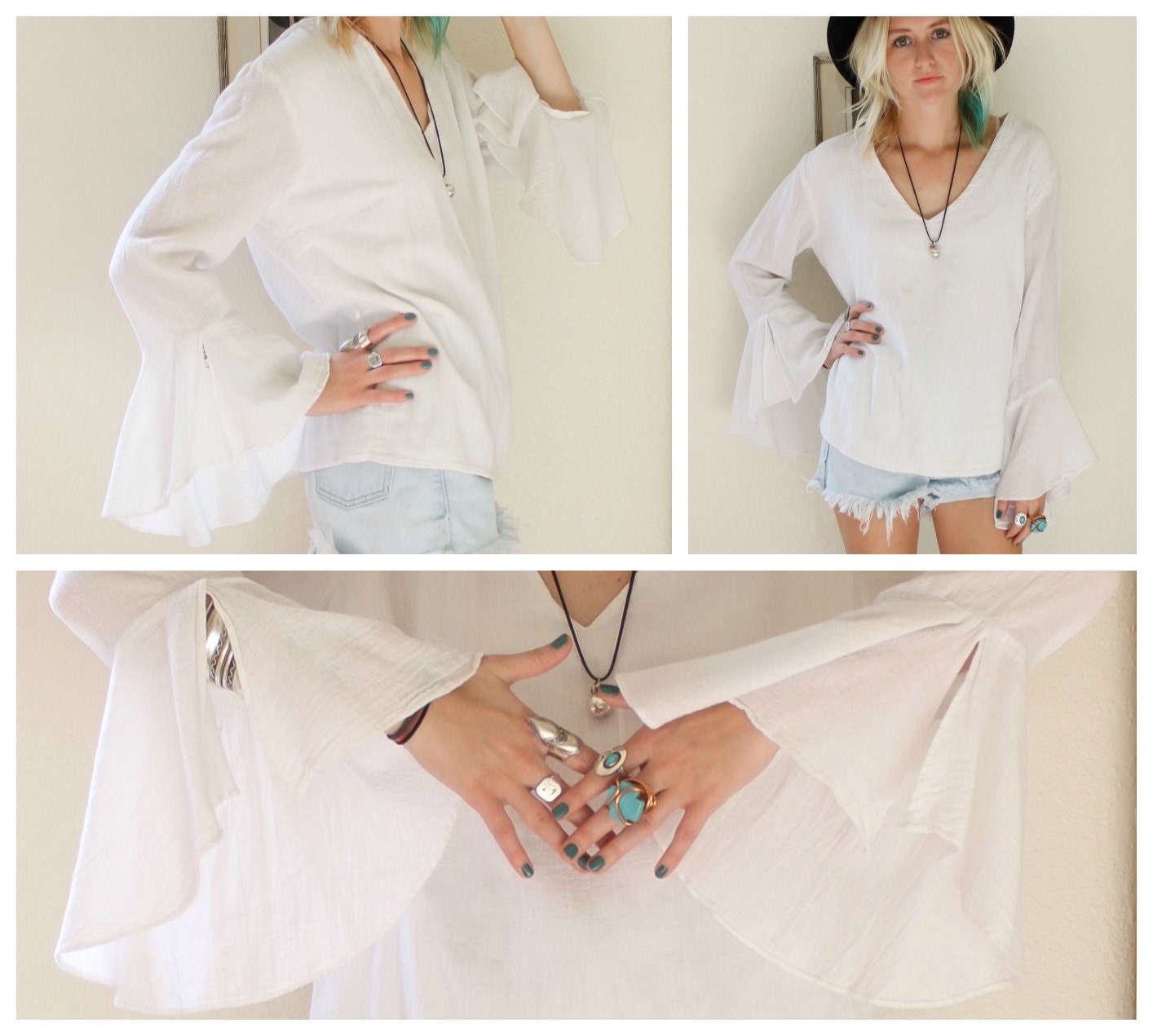 VINTAGE Drape Sleeve White Gypsy Boho Top