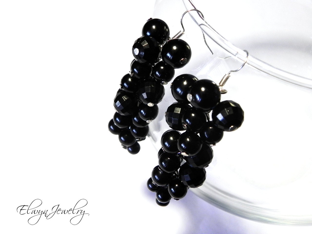 Black Cluster Earrings, Chunky Pearl Beaded Earrings, Bridesmaid, Wedding Jewelry