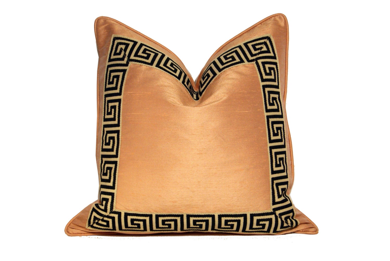 Blushing Nude Pink Silk Pillow with Greek Key Detail