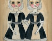 Twins Isabella & Irene, A Hand Painted Victorian Orphan Watercolor Portrait  Print (6x8)