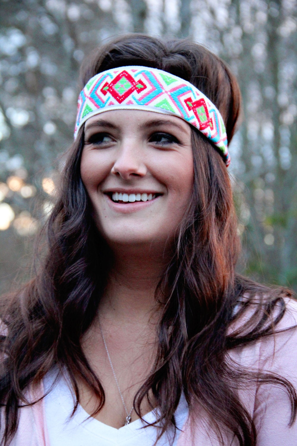 Extra Wide White Geo Headband, Bright colors, boho style, elastic closure, Mexico Style, Bohemian hippie, Boho Headband