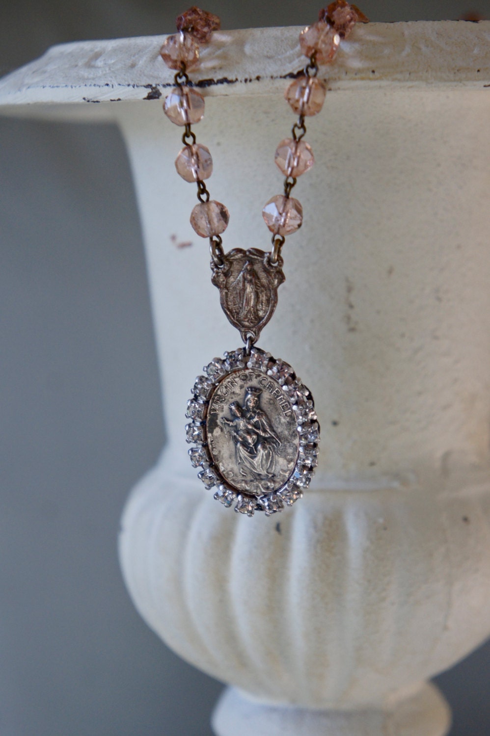 Vintage assemblage necklace religious medal Virgin of Carmel rhinestones rosary chain assemblage jewelry - Faith by French Feather Designs.