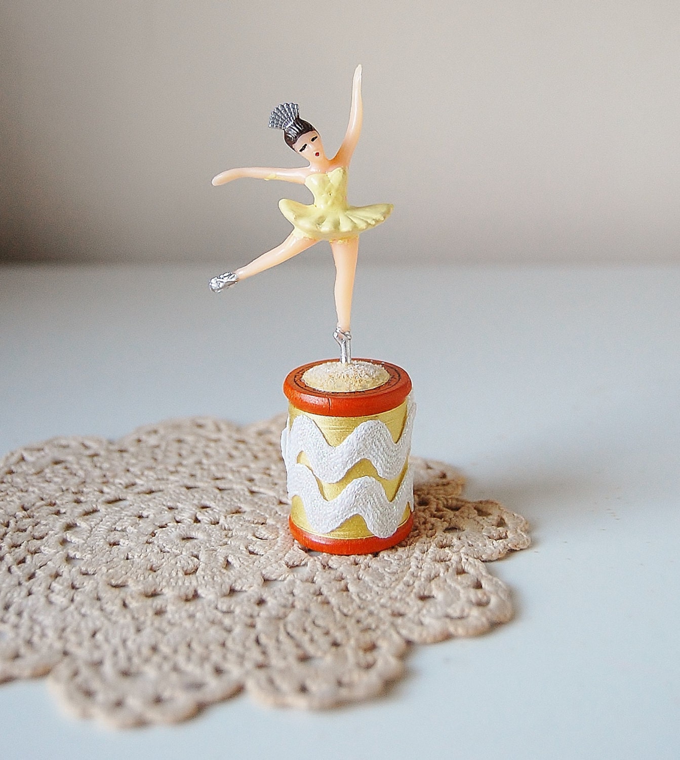 Spool Doll Ballerina Yellow Tutu  Diorama