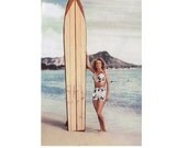 Original Vintage 1960's Girl With Longboard FRIDGE MAGNET made from Sustainable Wood into a Magnet - "Liven up your fridge"