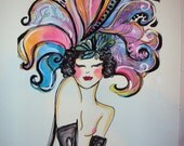 Burlesque Dancer Feather Headdress Watercolor Portrait