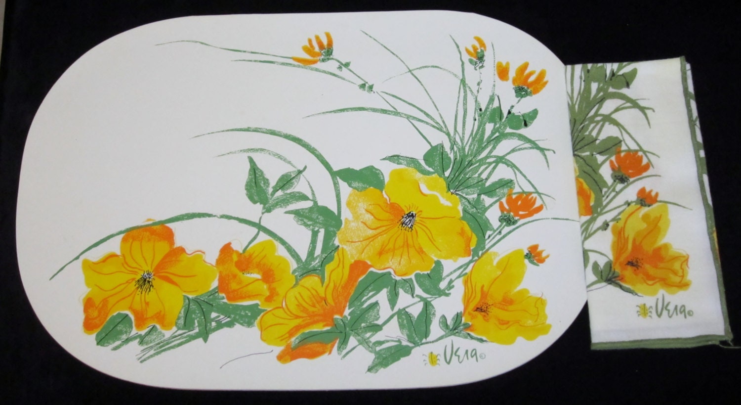 Vintage Vera Neumann Placemats & Napkins Set-6 each-Ladybug Signature- Poppies