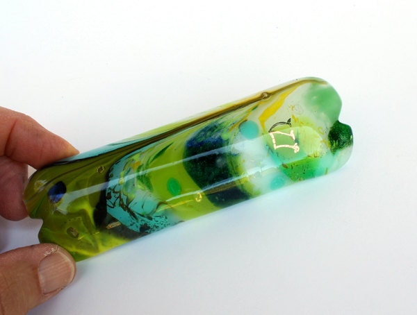 Green fused glass mezuzah, raked and painted with gold Shen, fused dichroic glass art for your home