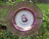 Purple Glass Garden Flower Yard Art - Pink Roses - Shabby Chic