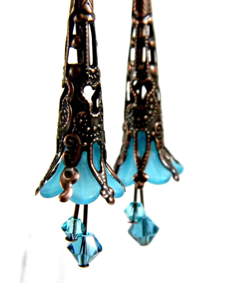Teal Fairy Earrings Antique Copper Filigree Bead Cap & Lucite Flower with Turquoise and Indicolite Swarovski Crystals Beaded Jewelry
