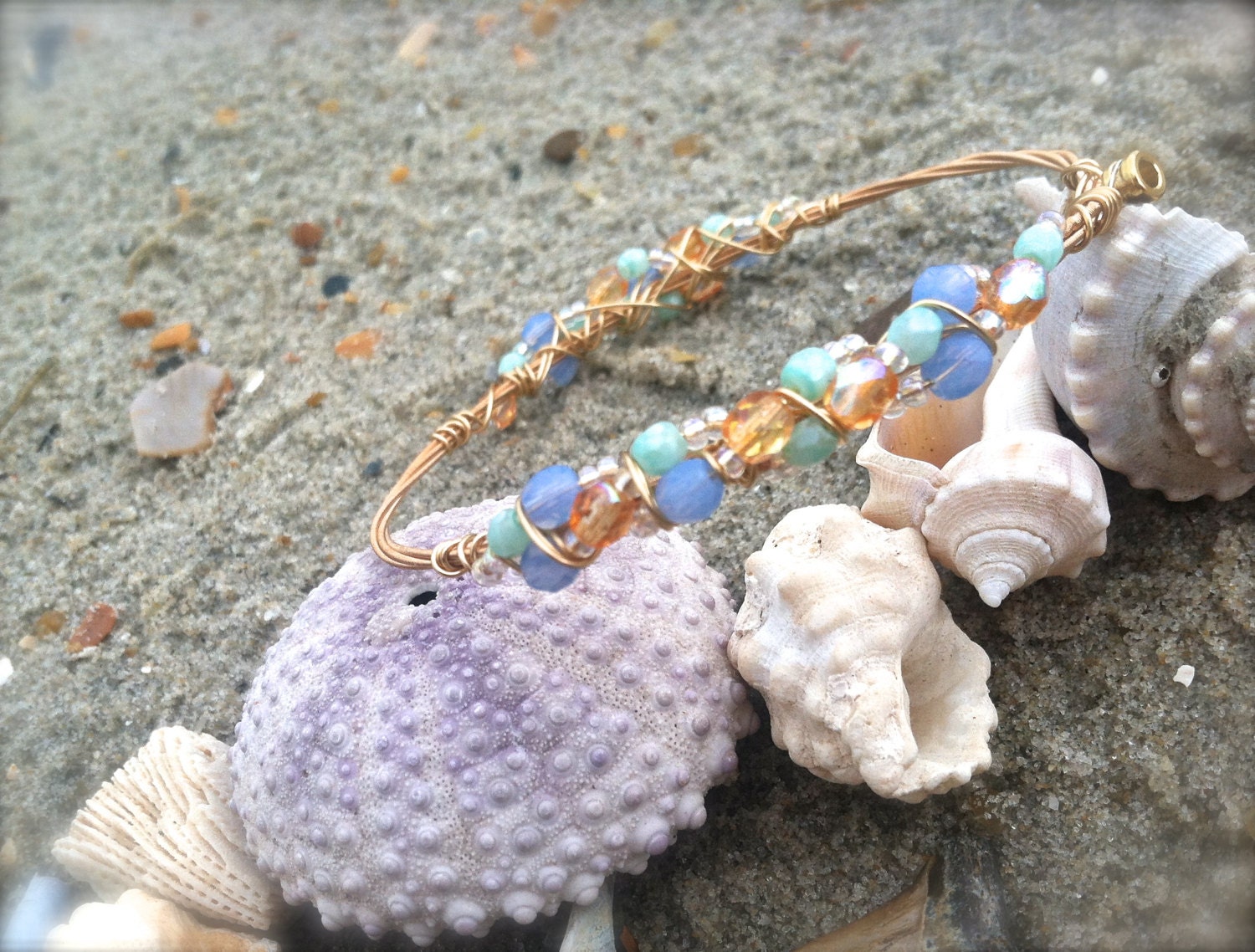 SHORESIDE Guitar String Bangle Bracelet Wrapped with Gold Wire and Summer Color Pallet Inspired Glass Beading. Eco-Friendly, Stackable.