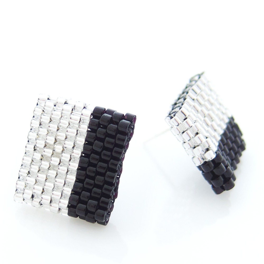 Monochrome Earrings, Black and Silver, Color Block Earrings, Square Earrings, Beaded Ear Studs, OOAK Handmade by JeannieRichard