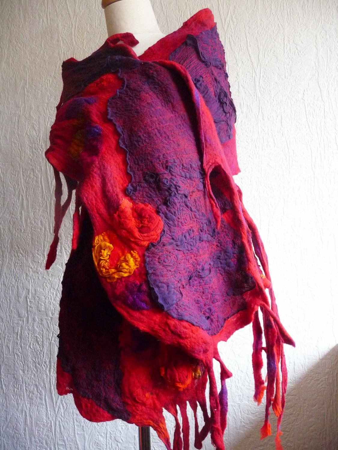 nuno felted scarf, wrap, handmade, silk, felted wool , art to wear, READY TO SHIP, red, purple