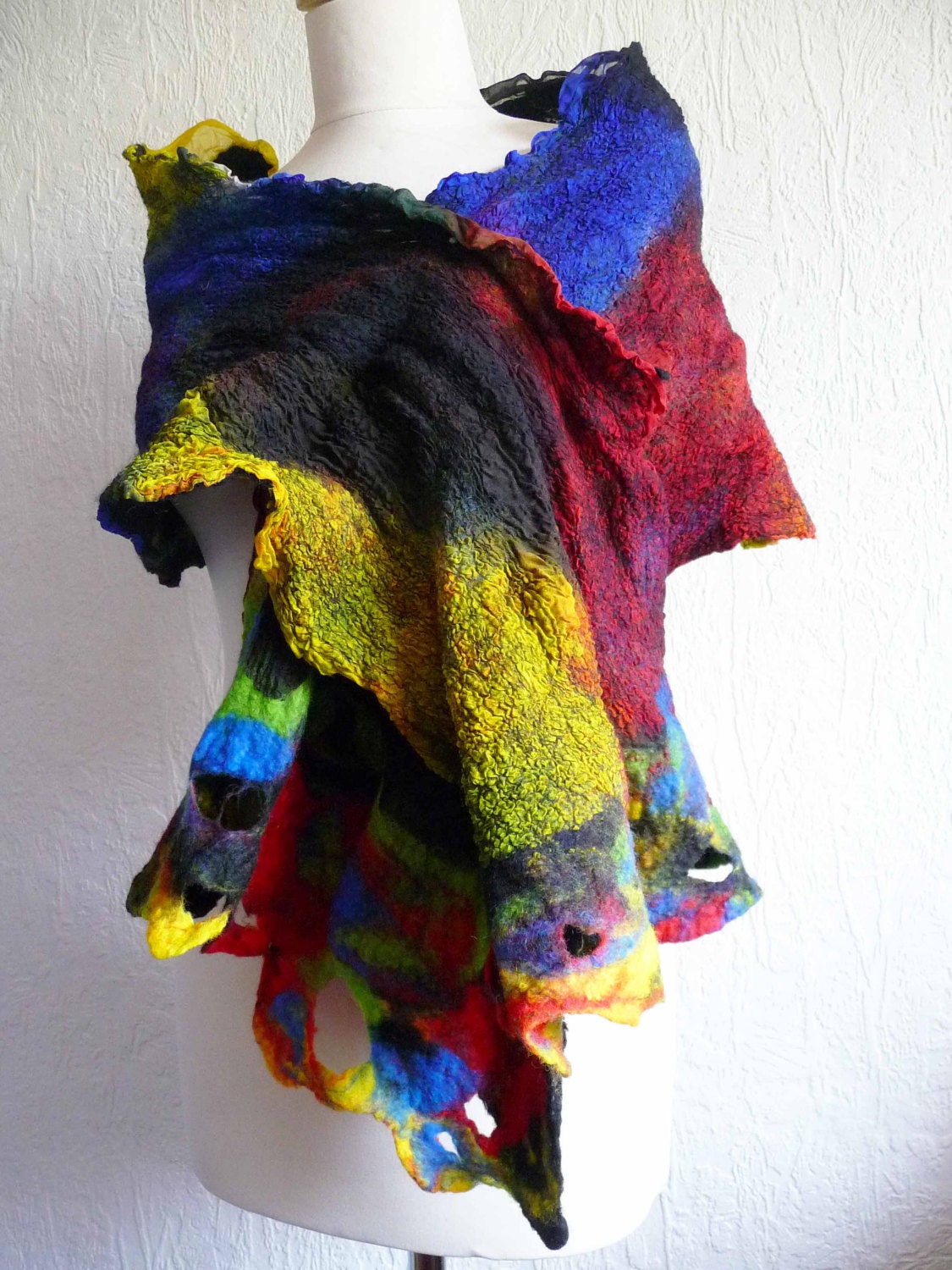 nuno felted scarf, wrap, handmade, silk, felted wool , art to wear, MADE TO ORDER, black, red, blue, green, pink