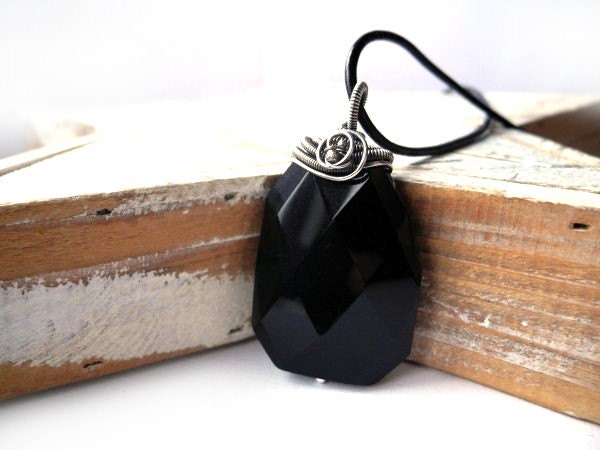 Black Agate Necklace - Geometric Fasceted Gemstone - Silver Wire Wrapping Necklace - Tribal Pagan Gothic Victorian - Unique Jewelry for Her