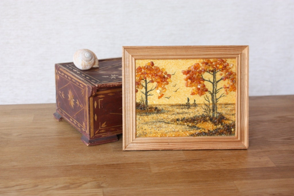 Vintage Amber Wall Hanging Wall Decor Baltic Amber Sea Scene Artwork Amber Home Decor Yellow Orange Mustard