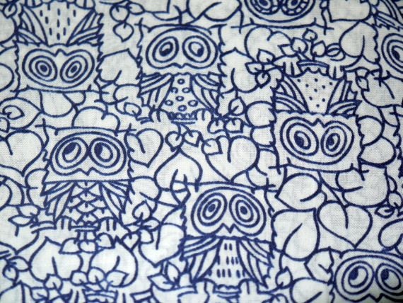 Vintage 60s 70s Owl fabric / novelty navy white / 1960s mod 1970s retro / groovy bird / 3 yards yardage