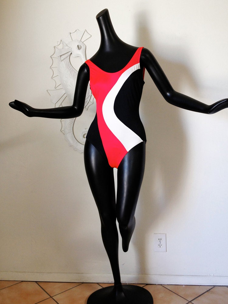MOD Neon Swimsuit One Piece Tank High Cut High Waisted Waist Vintage 1970s 1980s 70s 80s Black White Red Size Medium