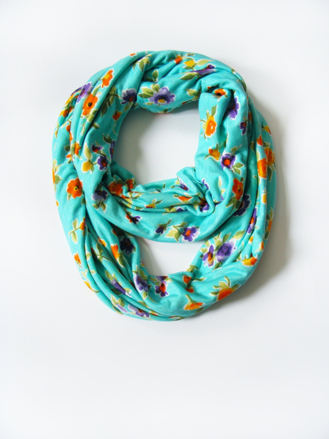 Flower Infinity Scarf - Circle Scarf - Blue Scarf - Eternity Scarf - Women Scarf - Jersey Scarf - Turkoise Infinity Scarf - Floral Scarf