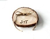 RUSTIC ring bearer pillow.  Wood tree slice with Bride and Groom initials.