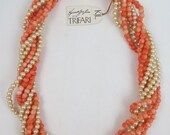 Vintage KJL Kenneth J Lane for Trifari Coral Colored and Faux Pearl Choker Necklace
