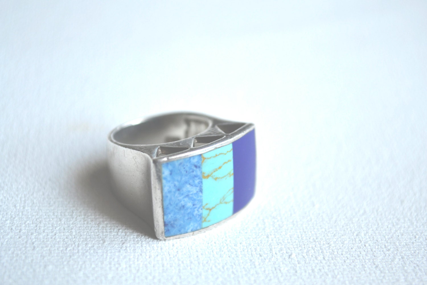 vintage inlay turquoise and lapis statement ring // navajo native american inlay // sterling silver