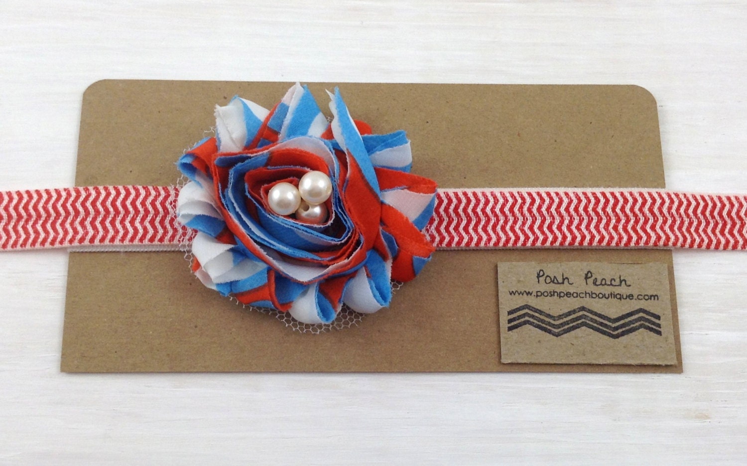 Red, White, and Blue Patriotic Striped Chiffon Flower Chevron Elastic Headband - Any Size