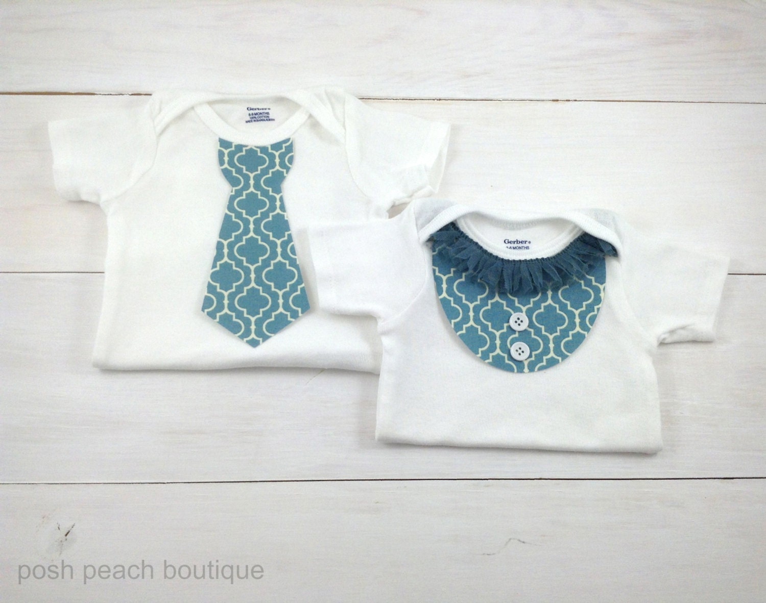 Baby Boy and Girl Matching Dusty Blue Marakesh Onesie Set - Tie and Bib Collar Onesie - You Choose Sizes