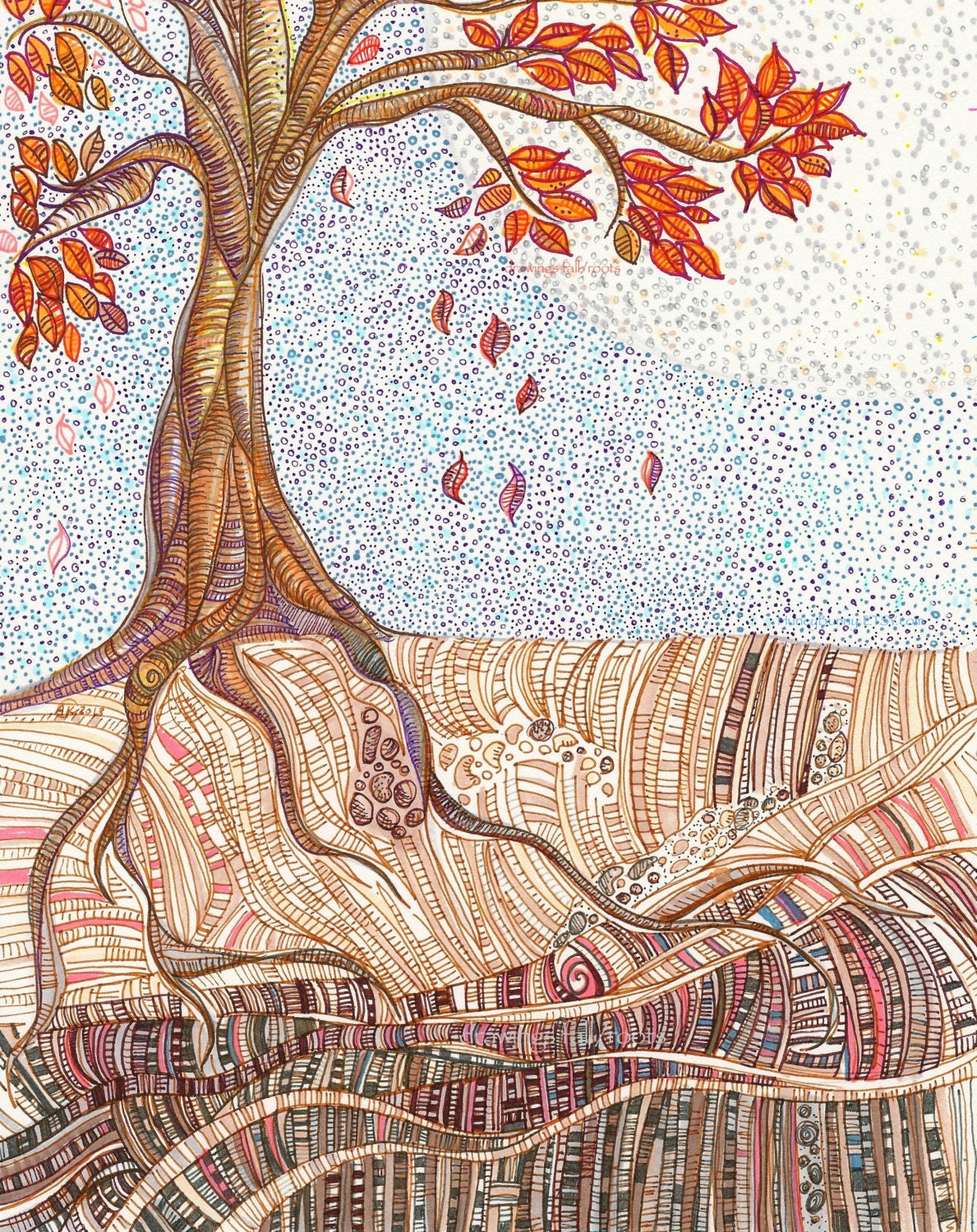 Tree Drawing. Orange Autumn Leaves. Original Highly Detailed Art from Allie Kelley.